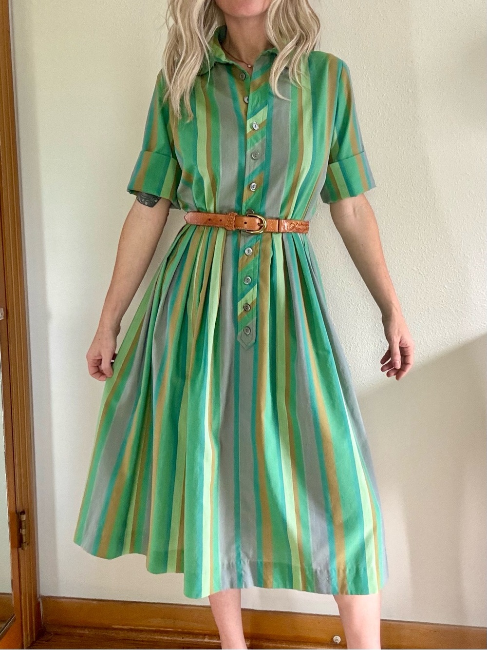 Vintage 40s 50s McKettrick Striped Shirtwaist Midi Dress XS S Button Front Green